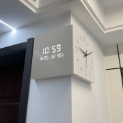 现代简约转角双面挂钟2025新款万年历电子屏时钟创意拐角钟表挂墙